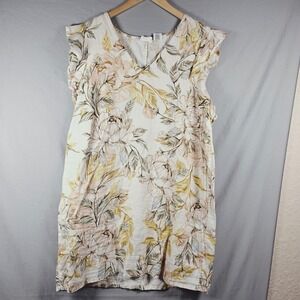 Nicole Miller New York Womens XL Linen Floral V-Neck Flutter Sleeve Shift Dress